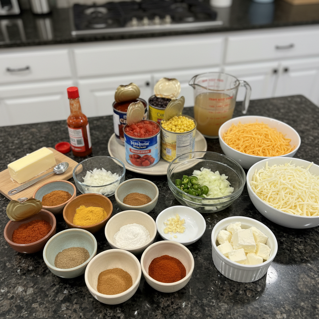 one-pot-enchilada-soup-ingredients-mise-en-place Various fresh ingredients for One-Pot Enchilada Soup, including chicken, black beans, corn, enchilada sauce, and spices, neatly arranged on a wooden board.