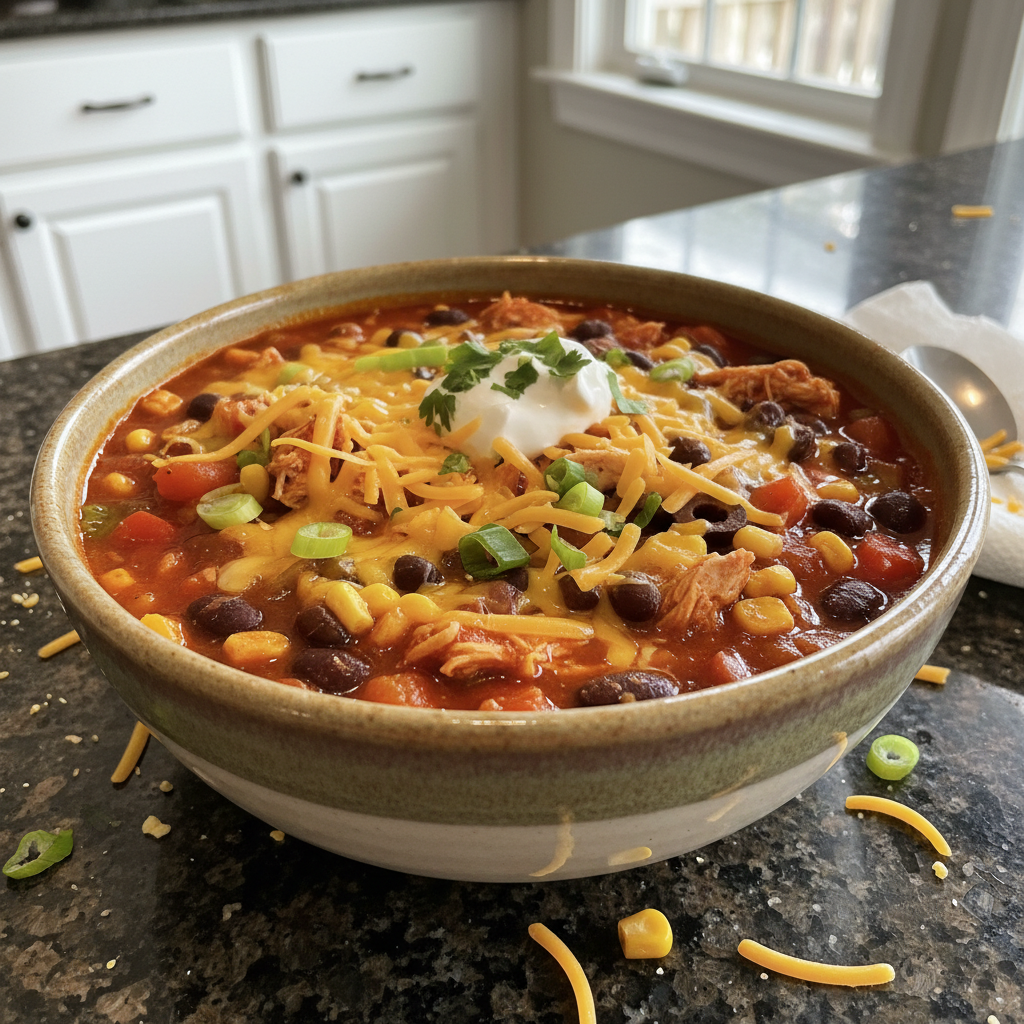 A vibrant bowl of One-Pot Enchilada Soup topped with fresh cilantro, a dollop of sour cream, and crispy tortilla strips.