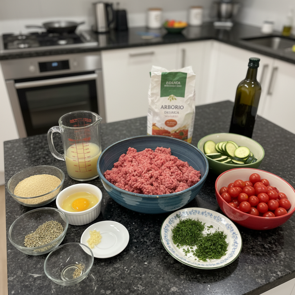Fresh ingredients laid out for making delicious one-pot Greek meatballs, including ground meat, herbs, spices, tomatoes, and feta cheese.