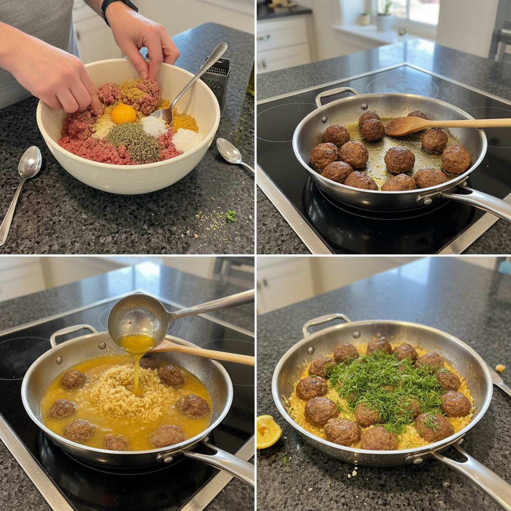 Meatballs browning in a skillet, a key step in preparing savory one-pot Greek meatballs before adding the rich tomato sauce.