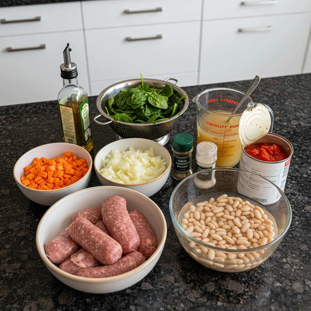 one-pot-italian-sausage-white-bean-soup-ingredients Fresh ingredients for One-Pot Italian Sausage and White Bean Soup, including sausage, beans, vegetables, and herbs, laid out on a cutting board.