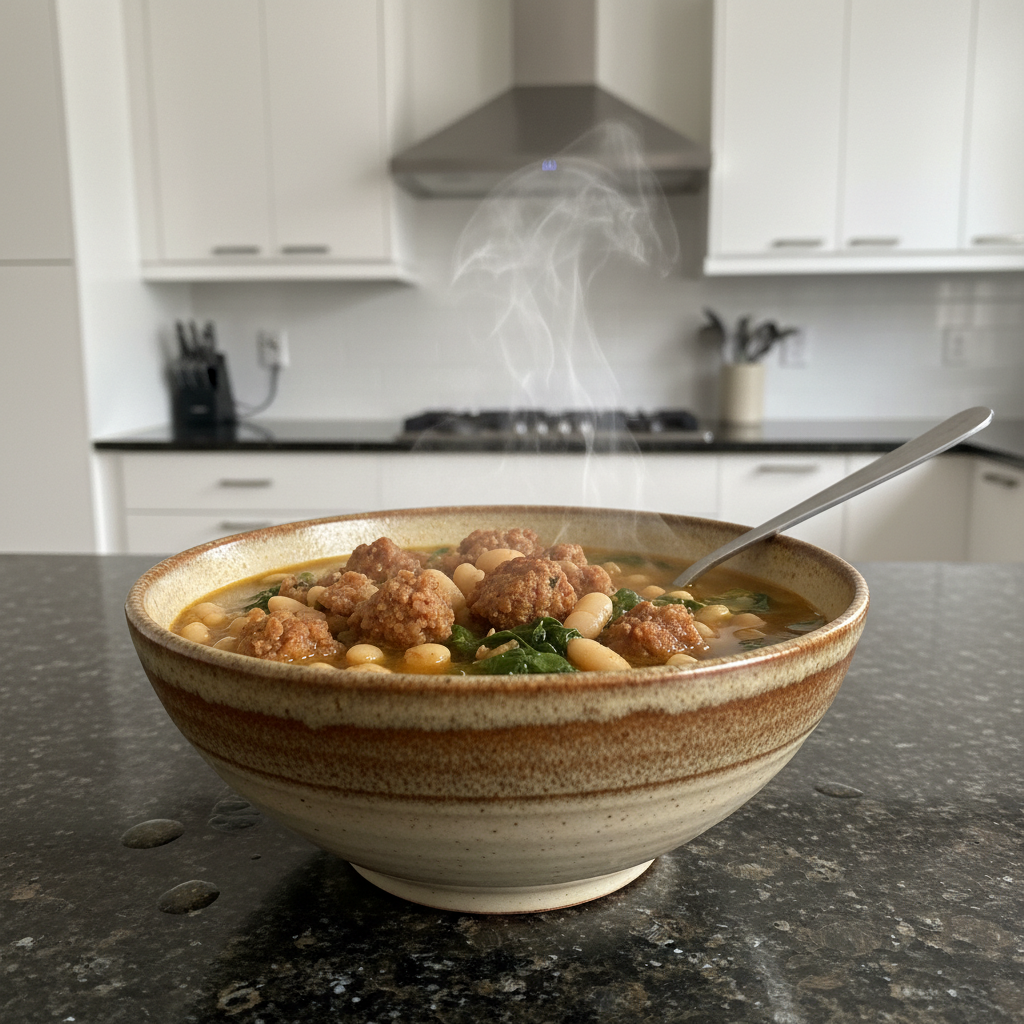 A hearty bowl of One-Pot Italian Sausage and White Bean Soup garnished with fresh parsley, ready to serve.