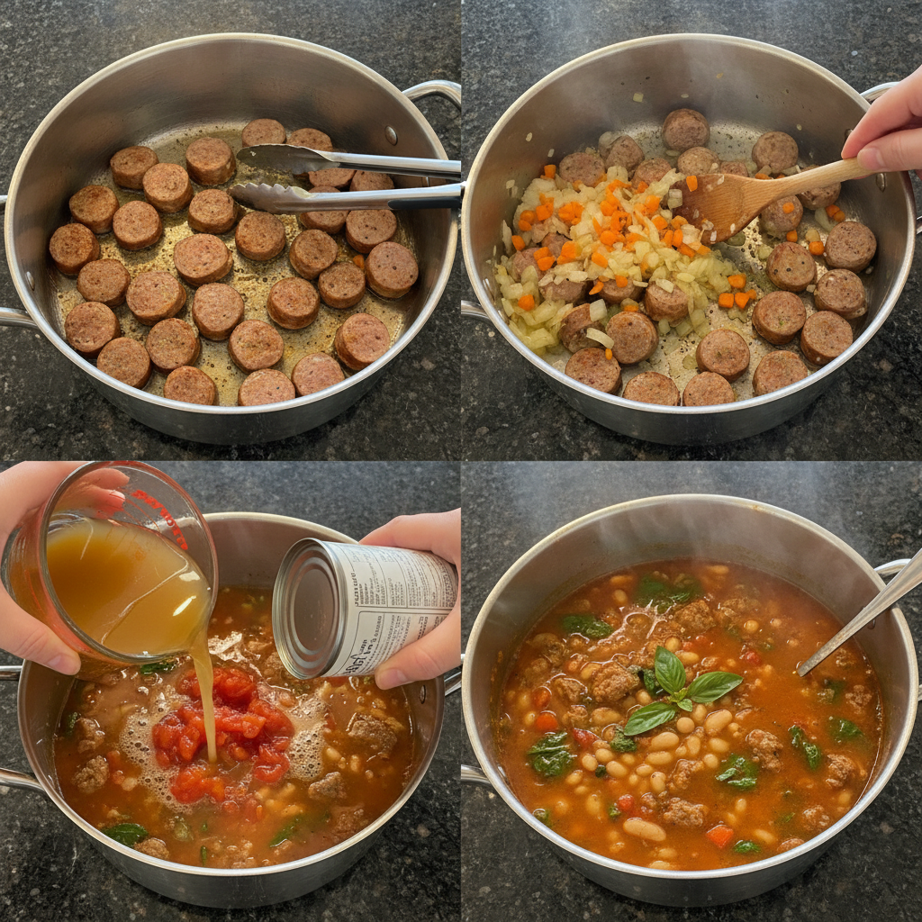 one-pot-italian-sausage-white-bean-soup-prep Italian sausage browning in a large pot, the initial step in making One-Pot Italian Sausage and White Bean Soup.