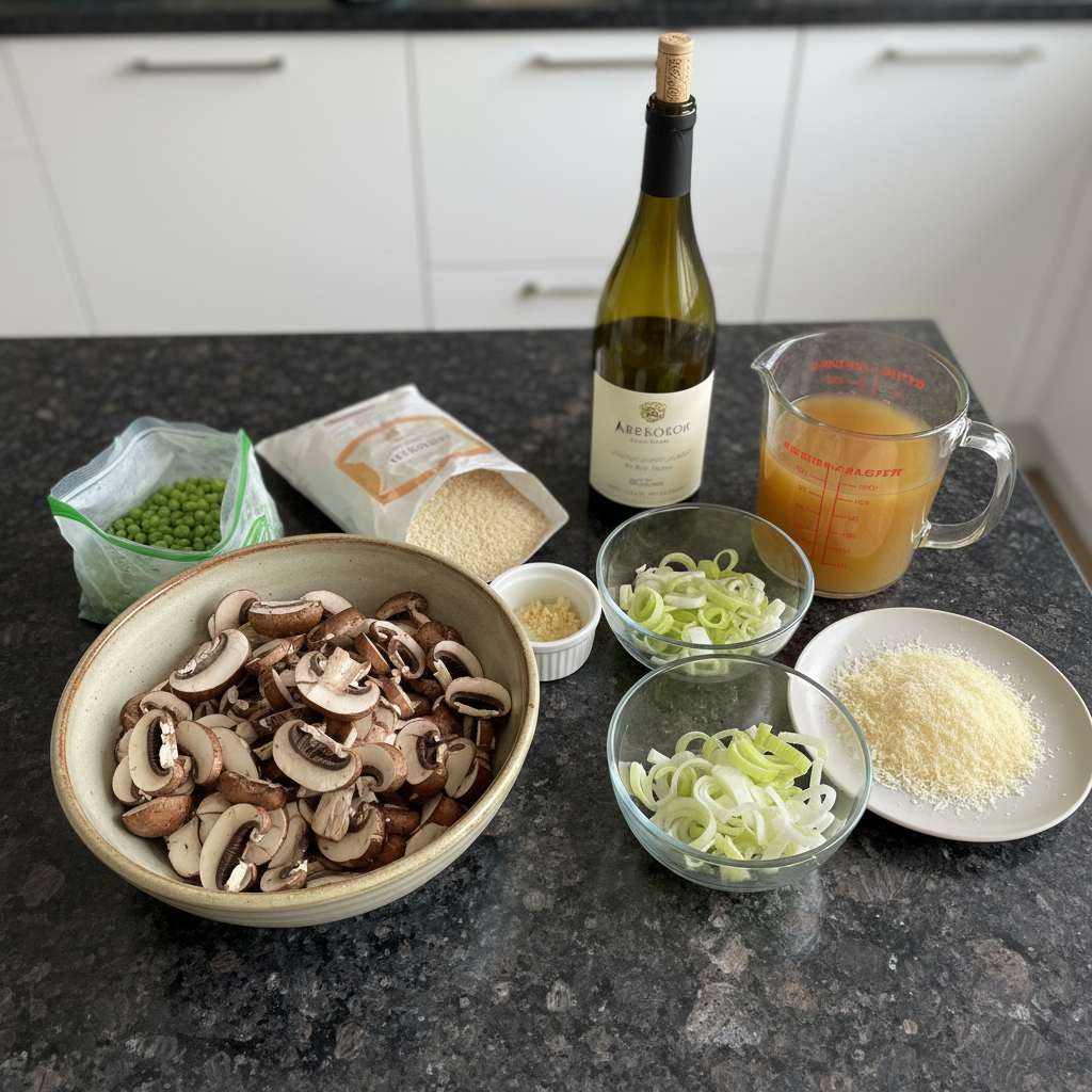 one-pot-mushroom-risotto-ingredients Fresh ingredients laid out for making delicious One-Pot Mushroom Risotto, including mushrooms, rice, and herbs.