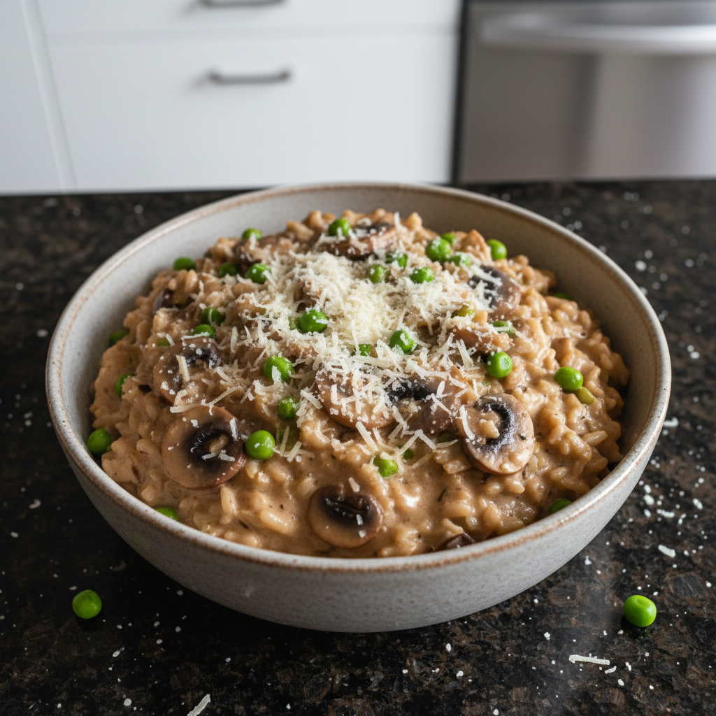 Creamy One-Pot Mushroom Risotto garnished with fresh parsley, ready to be served.