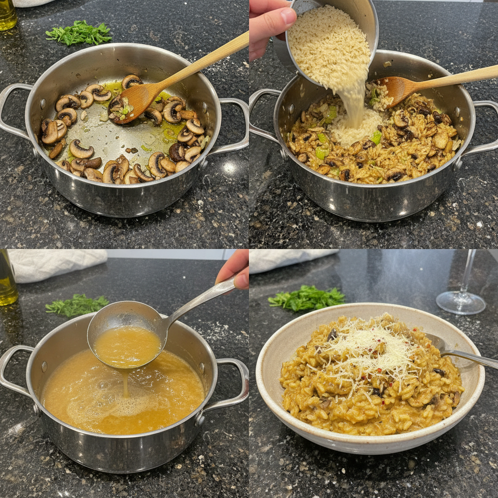 one-pot-mushroom-risotto-prep-stirring-rice Chef stirring Arborio rice in a pan, a key step in preparing creamy One-Pot Mushroom Risotto.