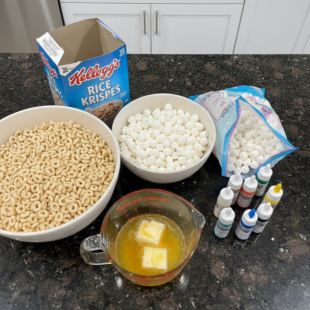 Ingredients laid out for making delicious rice krispies easter egg treats molded, including cereal, marshmallows, and sprinkles.