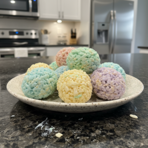 A vibrant platter of colorful rice krispies easter egg treats molded into perfect ovals, ready for celebration.