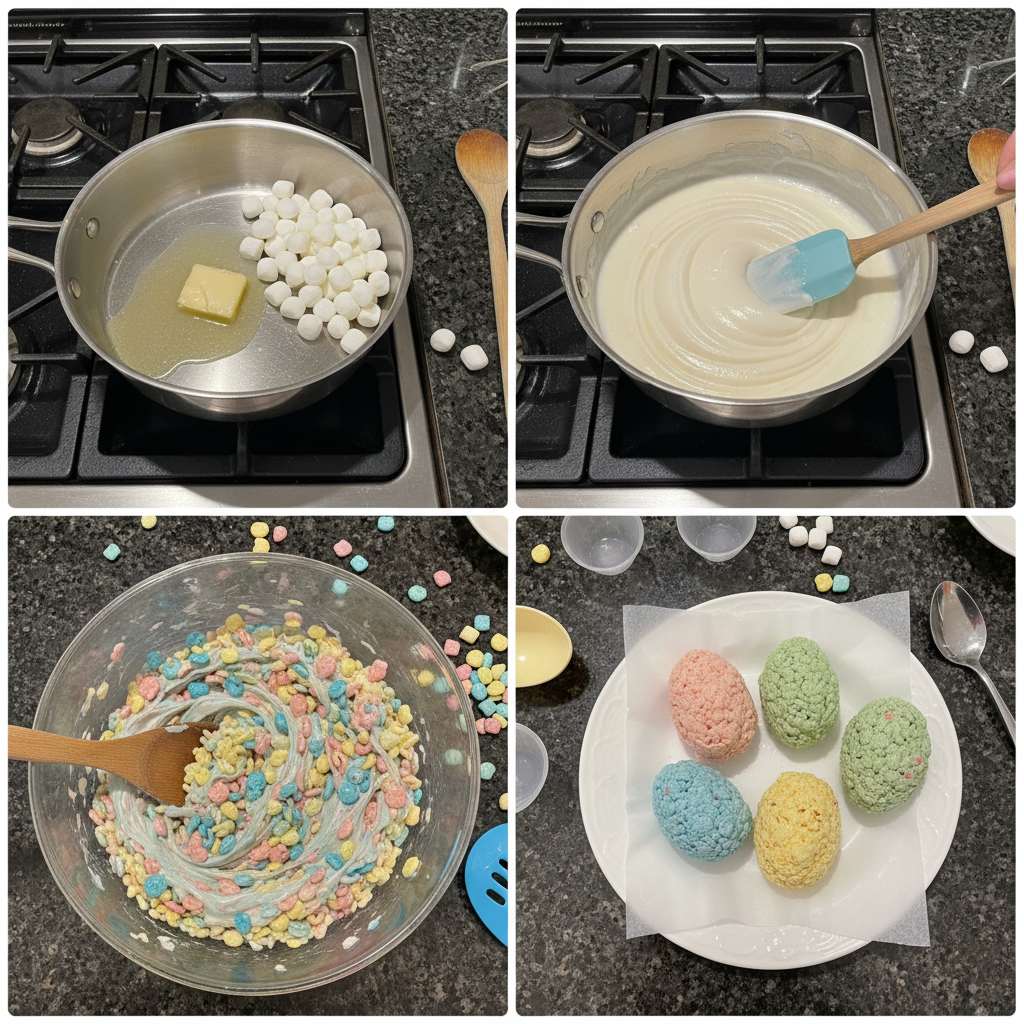 Hands carefully molding warm rice krispies mixture into festive rice krispies easter egg treats molded shapes.