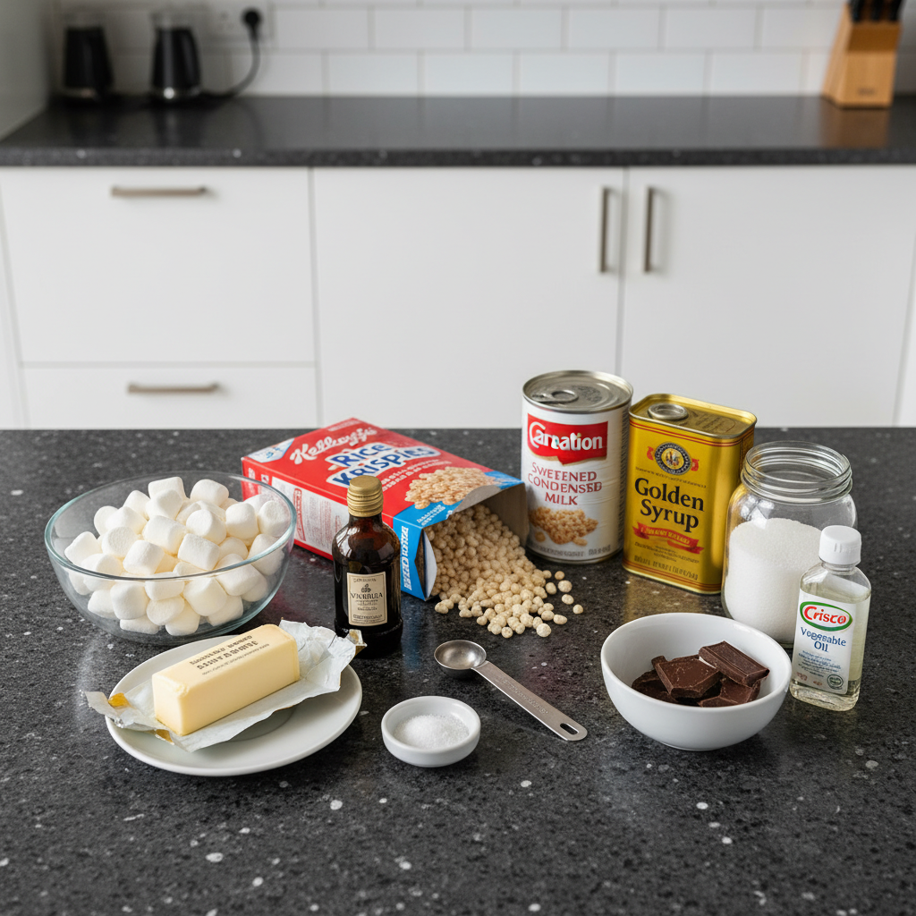 Ingredients laid out on a wooden board for making delicious Rice Krispy Millionaires Bars, including butter, sugar, chocolate, and Rice Krispies.