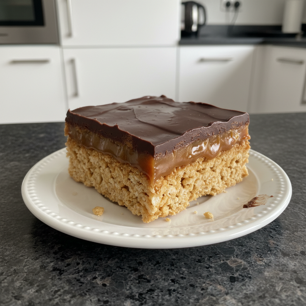 A close-up shot of a stack of golden and rich Rice Krispy Millionaires Bars on a cooling rack.