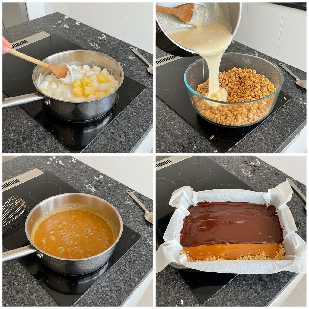 Hands pressing the Rice Krispy base firmly into a square baking pan, an important step for Rice Krispy Millionaires Bars.