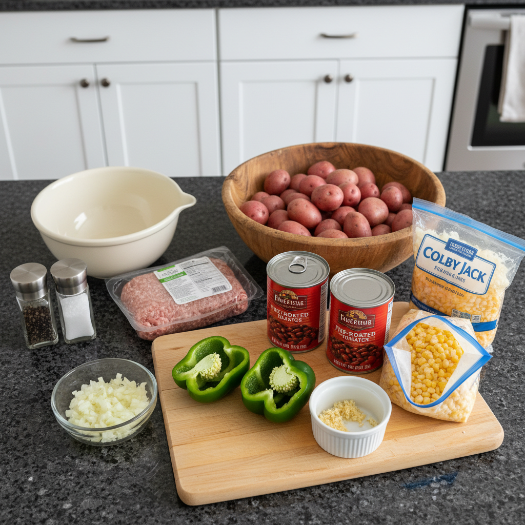 slow-cooker-cowboy-casserole-ingredients A colorful array of fresh ingredients for Slow Cooker Cowboy Casserole, including ground beef, corn, beans, and potatoes.