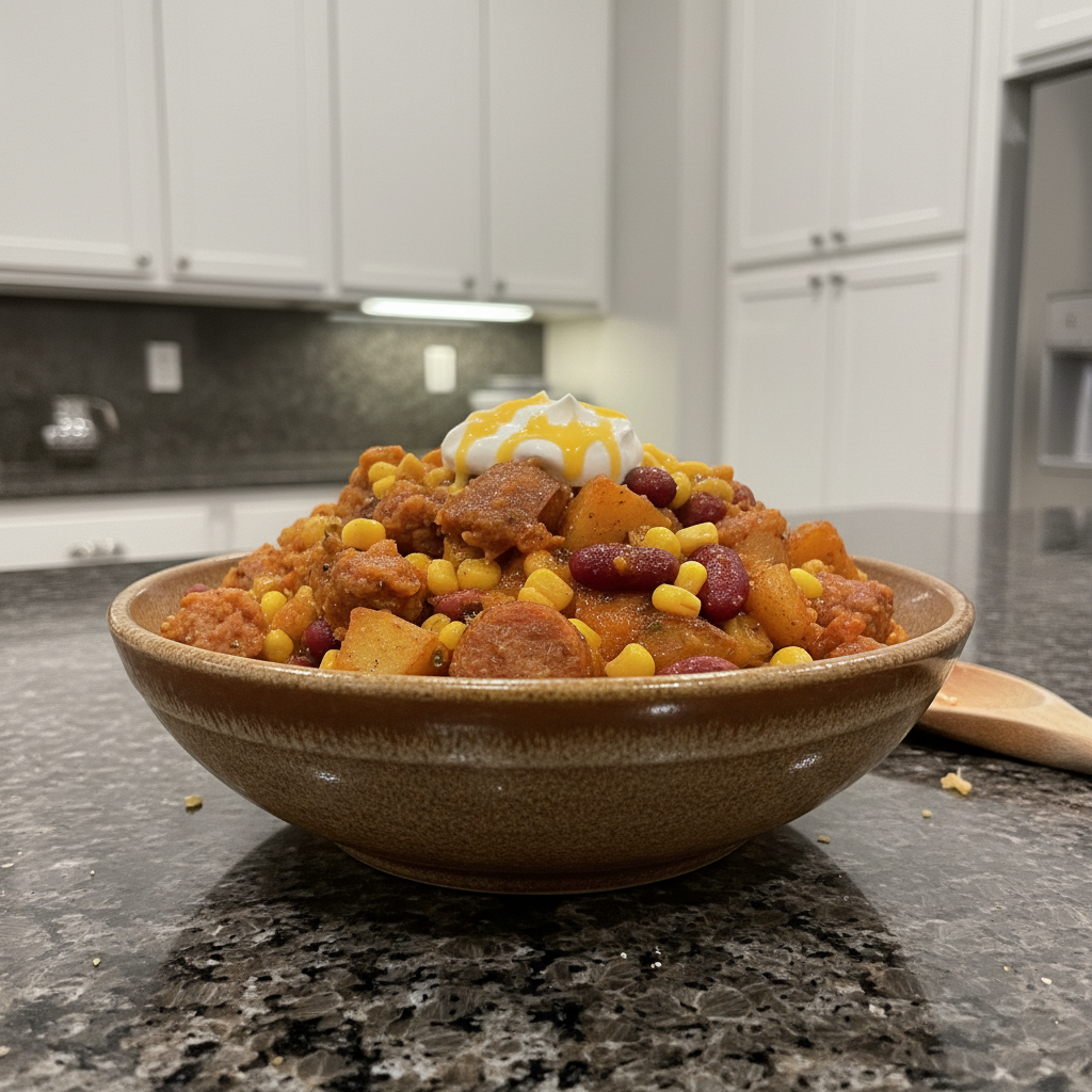 A hearty Slow Cooker Cowboy Casserole bubbling hot, topped with melted cheese and golden tater tots, ready to serve.