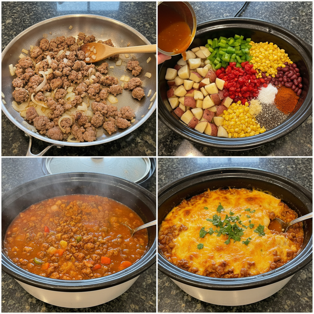slow-cooker-cowboy-casserole-prep-step Hands layering ground beef and vegetables into a slow cooker for a Slow Cooker Cowboy Casserole recipe.