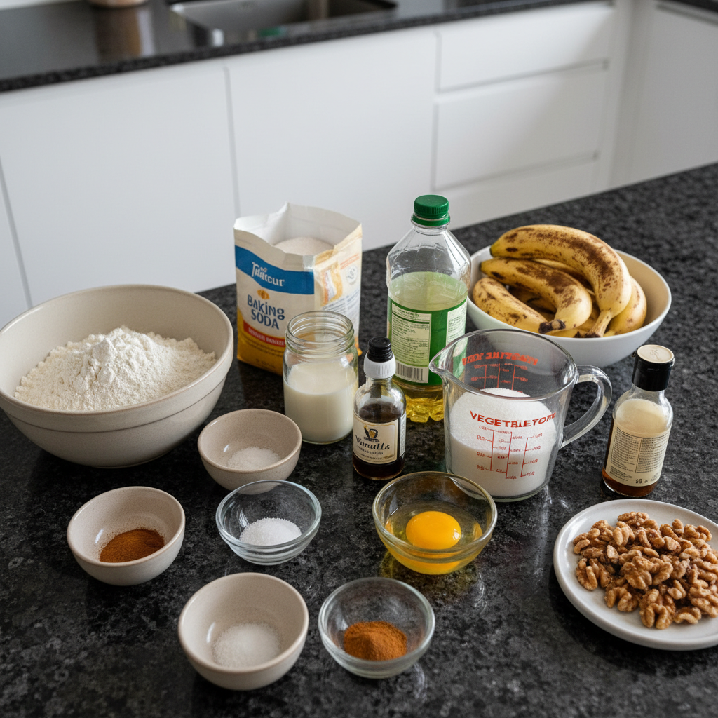 starbucks-banana-bread-copycat-ingredients Fresh, ripe ingredients like bananas, flour, and sugar laid out for Starbucks Banana Bread Copycat recipe.