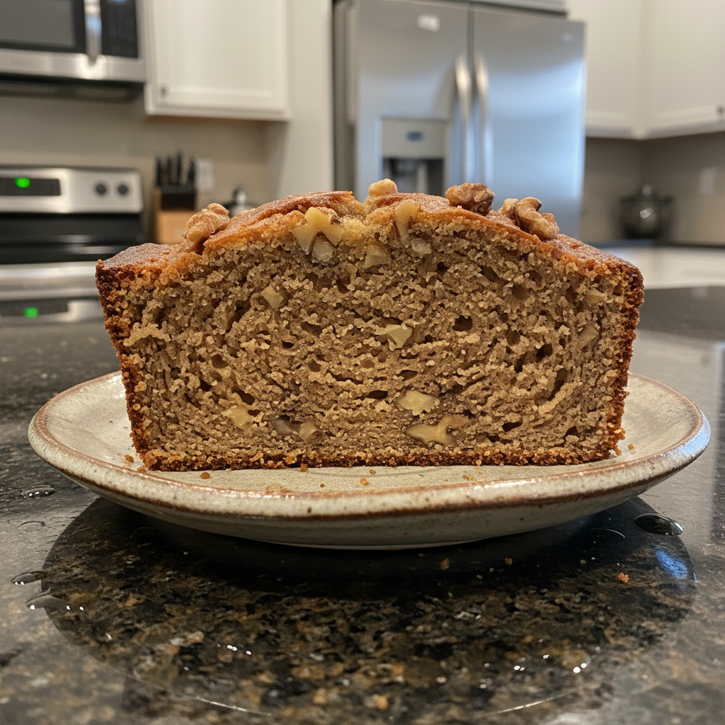 A golden-brown slice of moist Starbucks Banana Bread Copycat with a tender crumb and banana chunks.