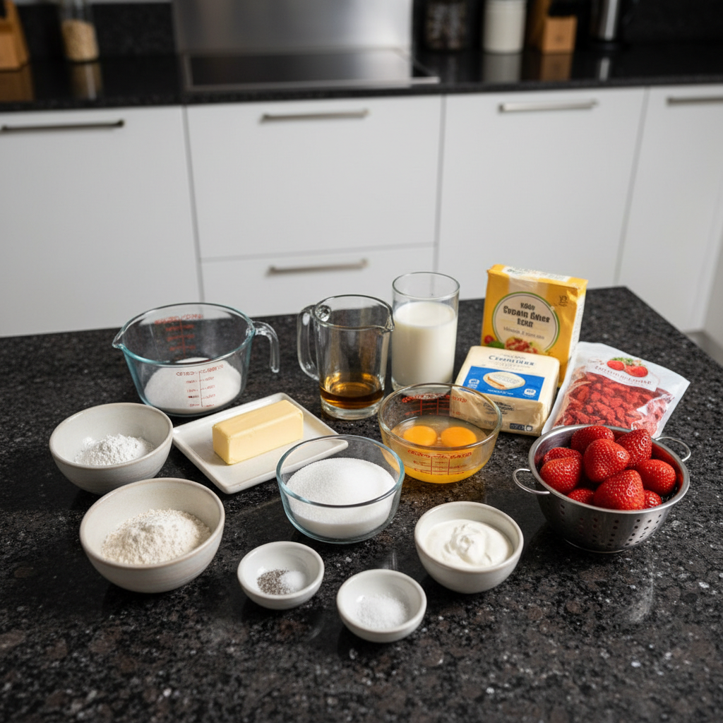 strawberry-cake-ingredients Fresh strawberries, flour, sugar, eggs, and other essential ingredients laid out for baking a strawberry cake.