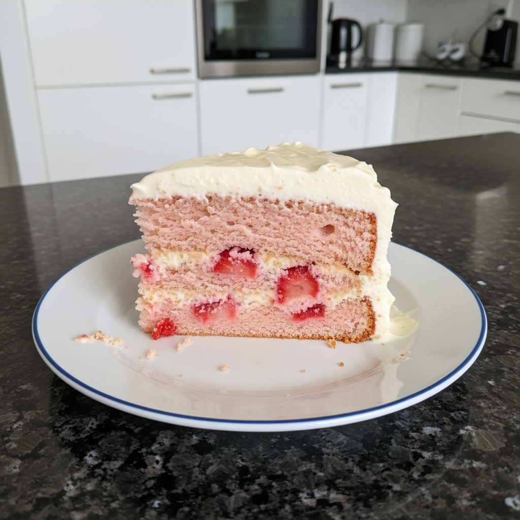 A beautifully frosted strawberry cake with fresh berries and mint leaves on a white stand, ready to serve.