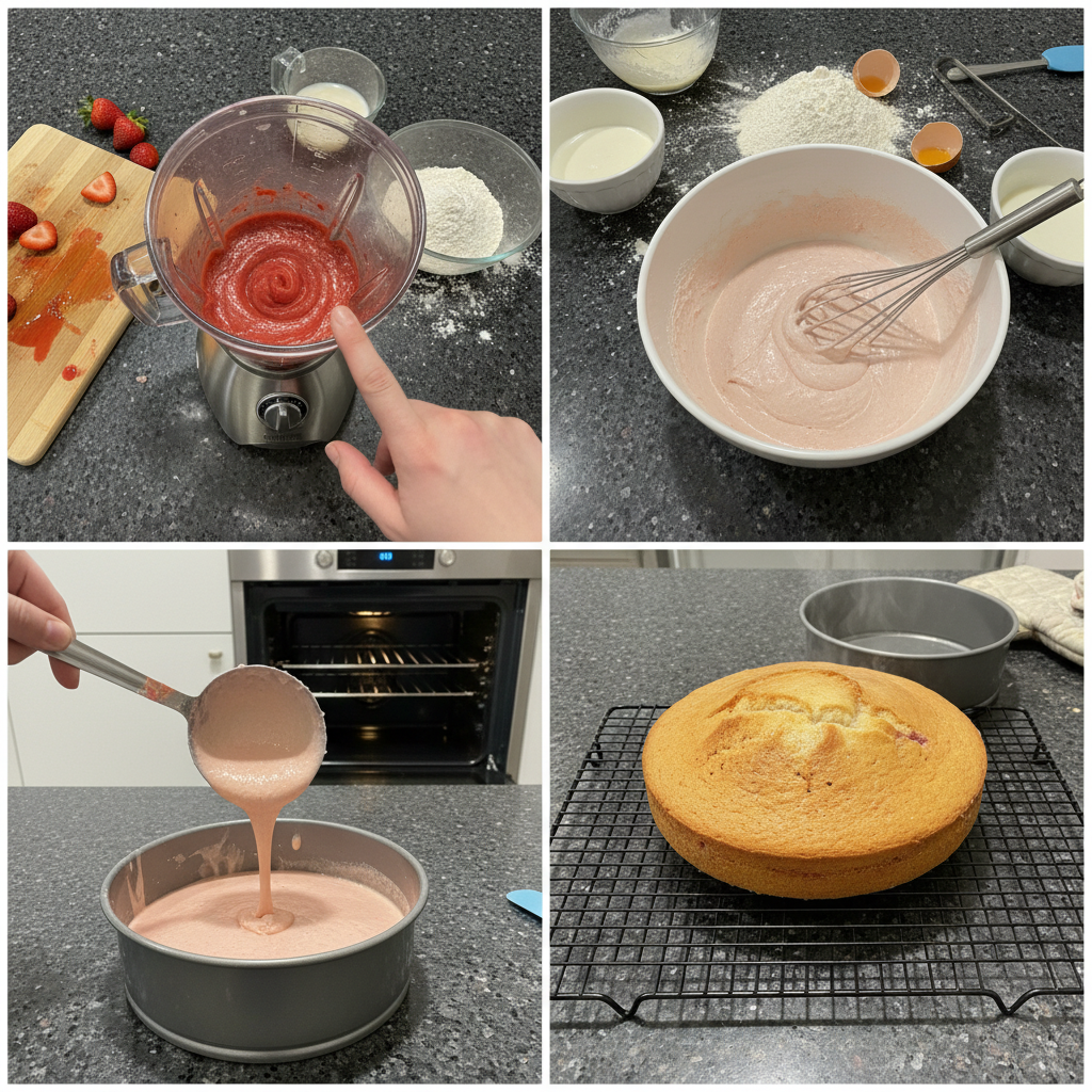 strawberry-cake-prep Hands gently spreading pink frosting onto a layer of a strawberry cake, demonstrating a key preparation step.