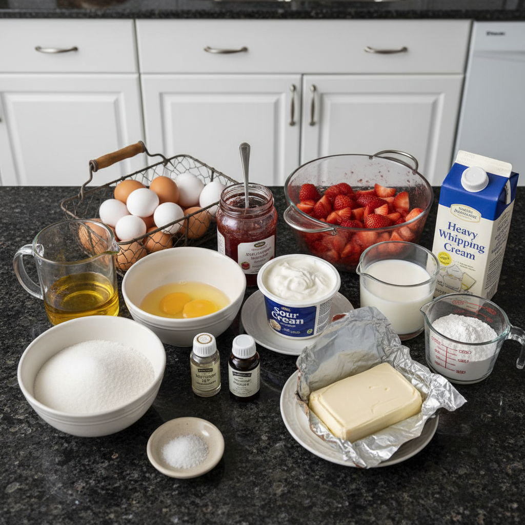 Fresh, vibrant strawberries, flour, sugar, and cream laid out for making a delicious Strawberry Shortcake Cake (Best Ever).