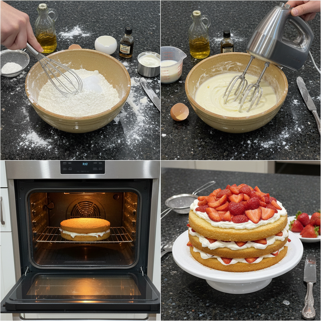 A close-up of whipped cream being spread between cake layers with sliced strawberries for a Strawberry Shortcake Cake (Best Ever).