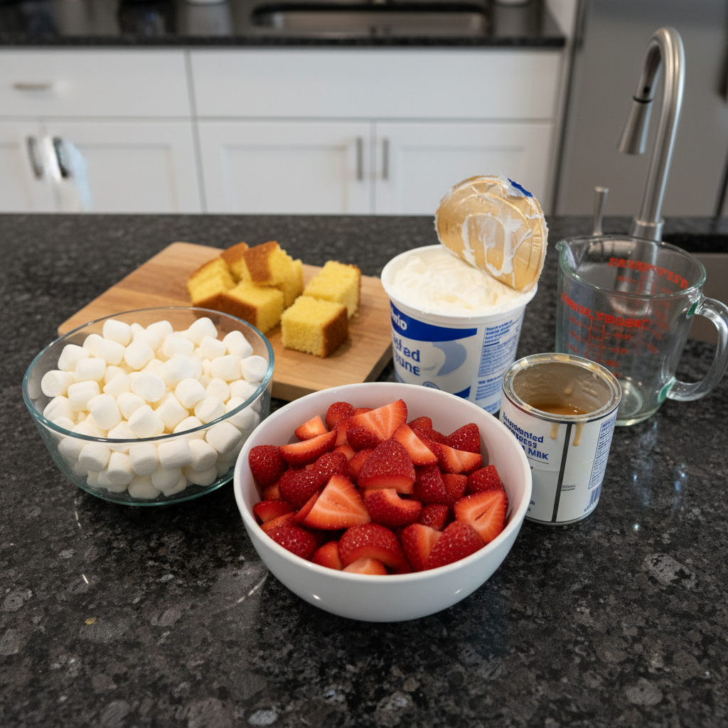 Fresh strawberries, whipped cream, instant pudding mix, and shortbread cookies laid out for Strawberry Shortcake Fluff Salad.
