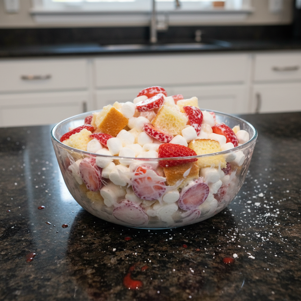 A vibrant bowl of Strawberry Shortcake Fluff Salad, light and creamy with fresh berries and crumbled shortcake.