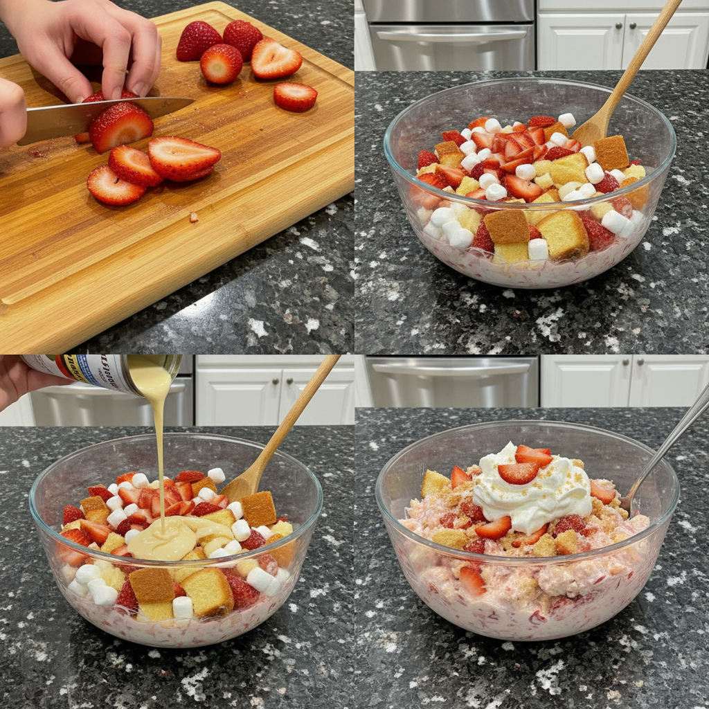Mixing whipped topping, instant pudding, and fresh strawberries in a bowl during the preparation of Strawberry Shortcake Fluff Salad.