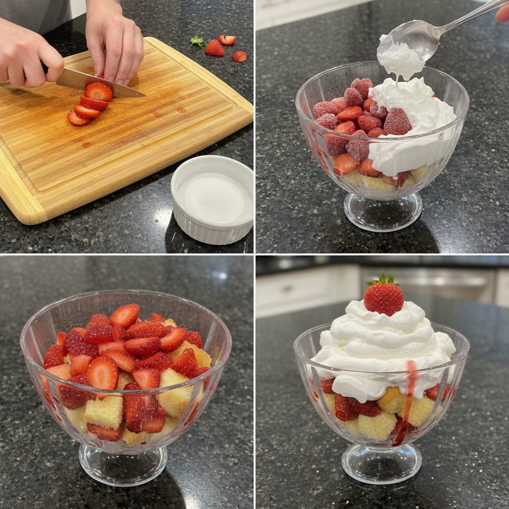 strawberry-shortcake-with-cool-whip-prep-assembly Assembling layers of tender shortcake, fresh sliced strawberries, and a generous dollop of cool whip.
