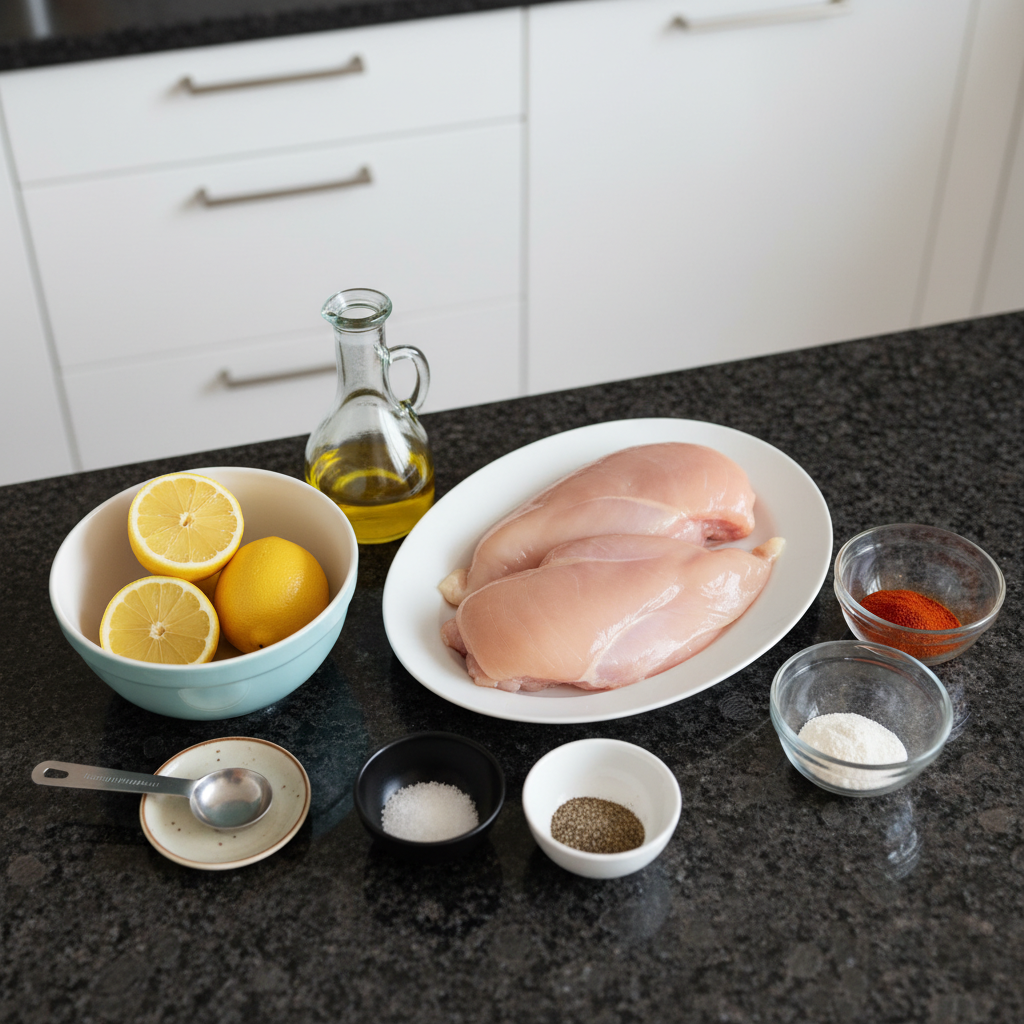thin-sliced-chicken-breast-ingredients Fresh raw thin-sliced chicken breast fillets, neatly arranged with garlic cloves, lemon wedges, and vibrant herbs on a wooden board.