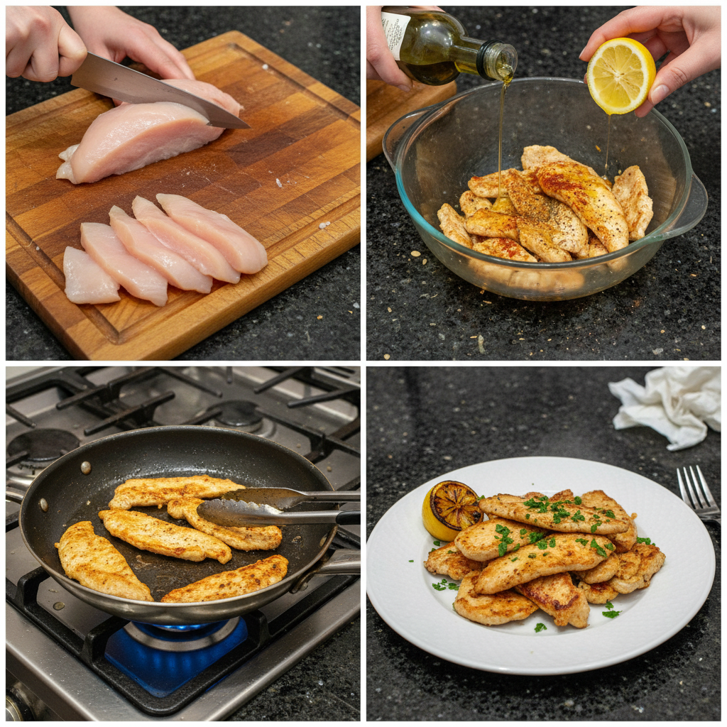 thin-sliced-chicken-breast-prep-step A close-up of hands seasoning raw thin-sliced chicken breast with salt and pepper on a cutting board before cooking.
